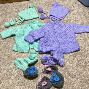 Vintage Crochet Green and Purple Baby Clothes Outfits with Hat and Shoes